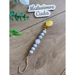 Zawieszka do smoczka - złoty klips koraliki niebieskie/szare