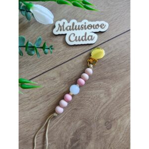 Zawieszka do smoczka - złoty klips koraliki różowe