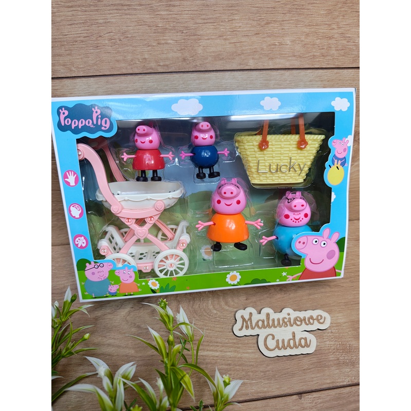 Figurki Świnka Peppa 6 elementów zestaw wózek