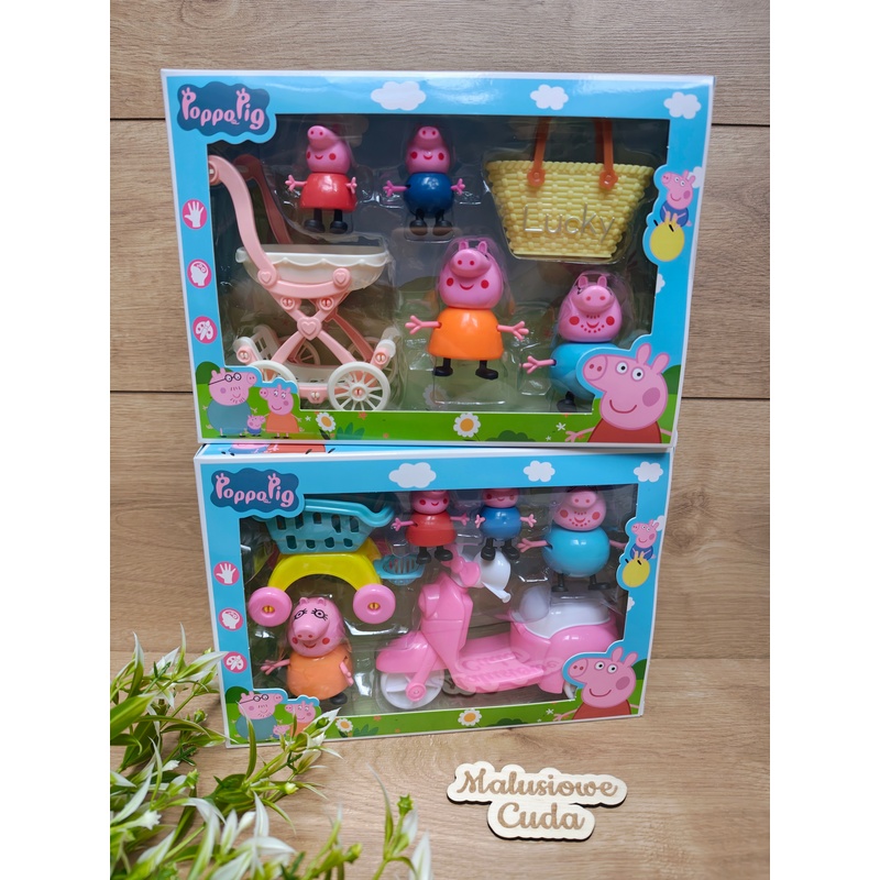 Figurki Świnka Peppa 6 elementów zestaw wózek - obrazek 2