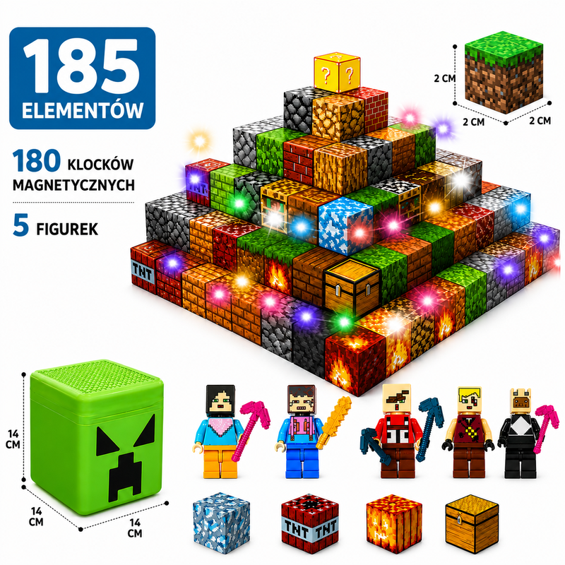 Klocki magnetyczne LED Minecraft MyWorld 185 elem. Creeper - obrazek 2