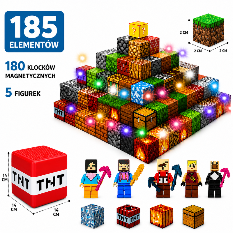 Klocki magnetyczne LED Minecraft MyWorld 185 elem. TNT - obrazek 2